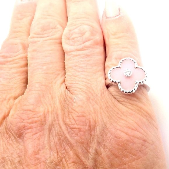 Authentic Van Cleef & Arpels Alhambra 18k White Gold Pink Opal Diamond Ring Cert - Picture 8 of 10